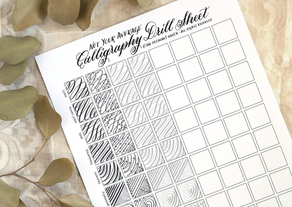 Worksheet แบบ Drill Calligraphy สำหรับนักเขียนอักษรวิจิตรที่ต้องการฝึกฝีมือในการลากเส้นหนักเบาตาม Pattern 